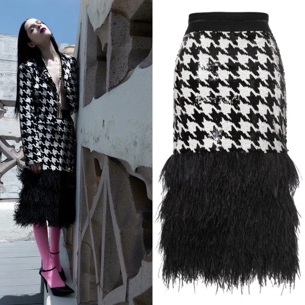 Black & White Houndstooth Feather-Trim Midi Skirt